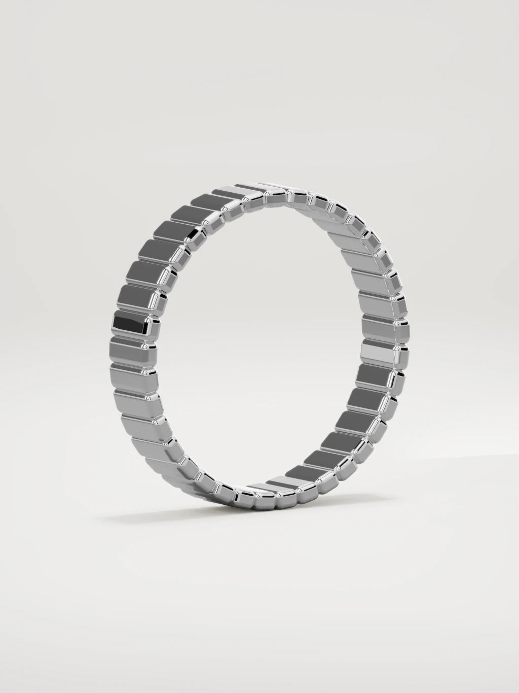 The Tempo ribbed men's wedding band in 14K white gold, 5 mm, standing three-quarter view
