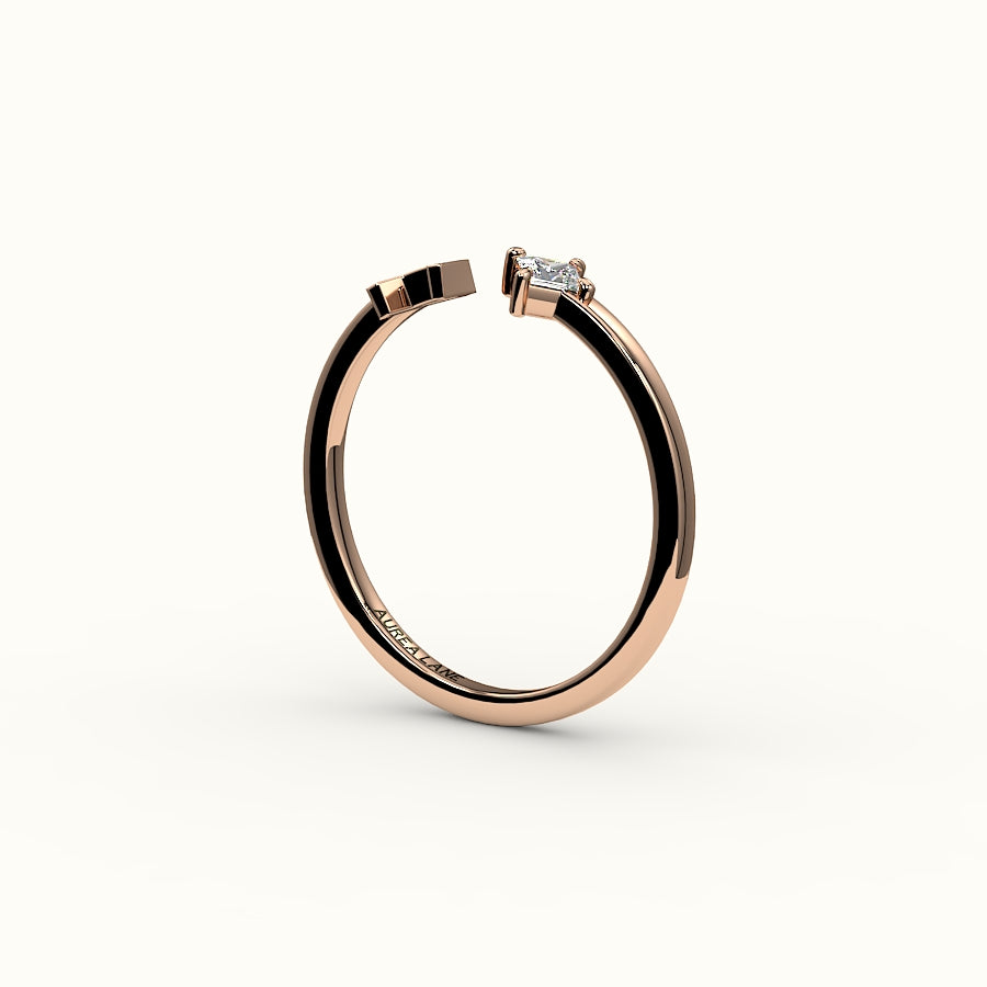 Anillo de diamantes y inicial de corte princesa con brújula