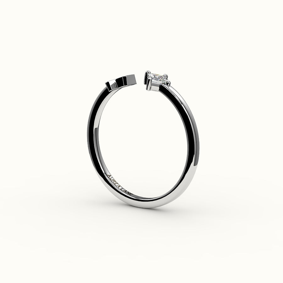 Anillo de diamantes y inicial de corte princesa con brújula