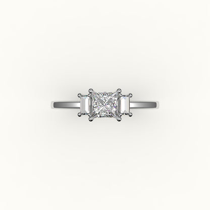 Engaste de tres piedras de corte princesa con baguettes verticales