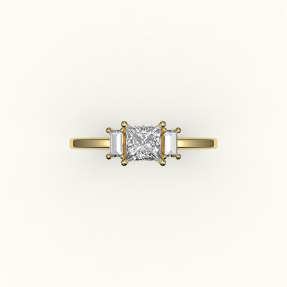 Engaste de tres piedras de corte princesa con baguettes verticales